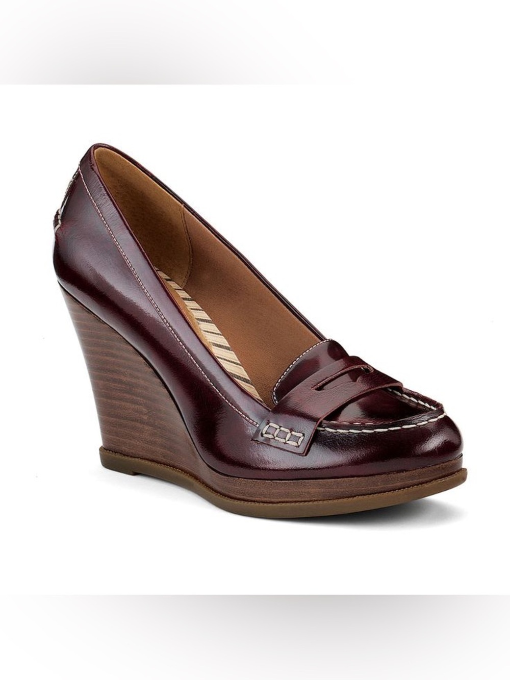 Sperry Burgundy Leather Wedge Loafers Mock Toe White Stitching